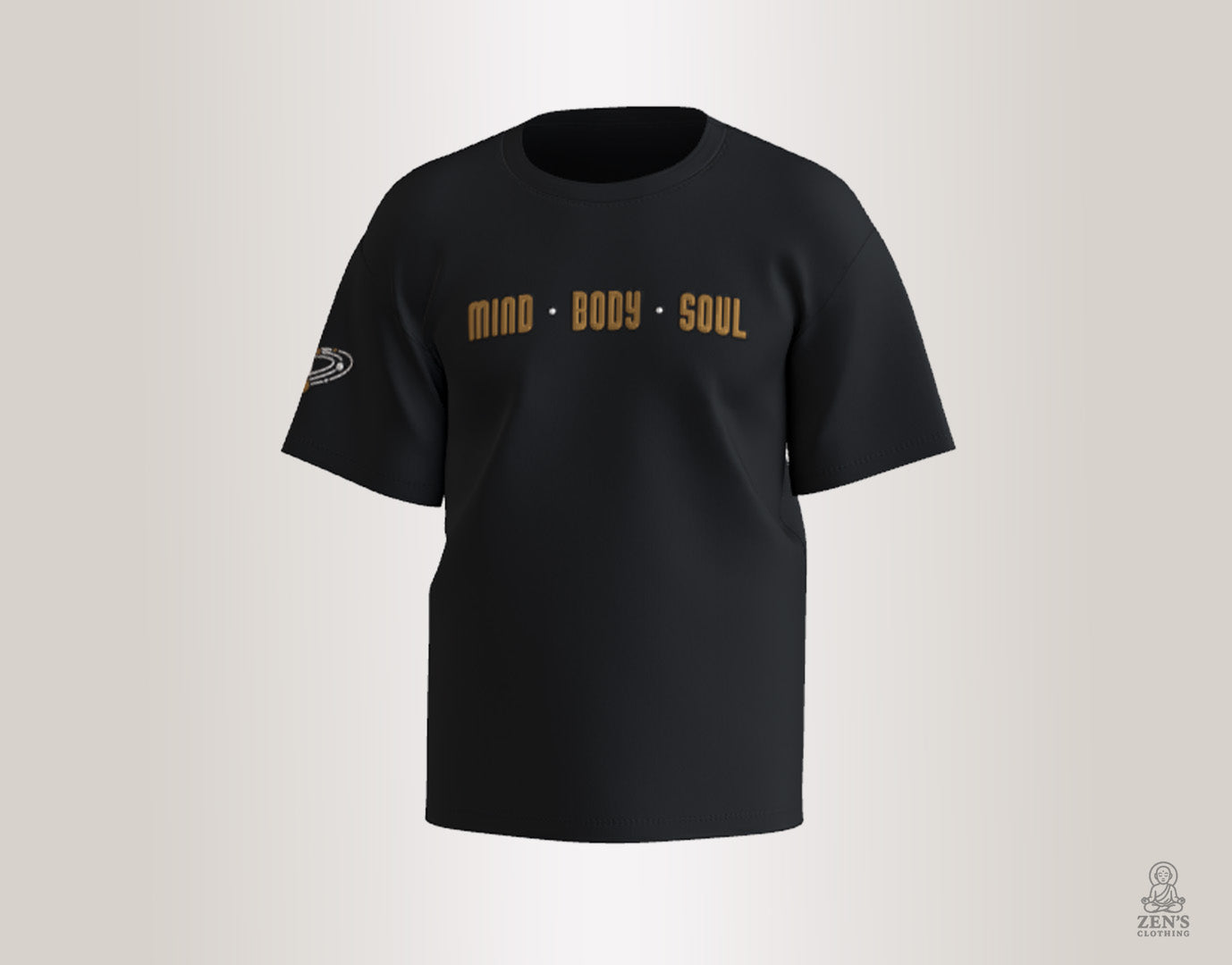 "Black Meditative Buddha graphic T-shirt with 'Mind • Body • Soul' text"