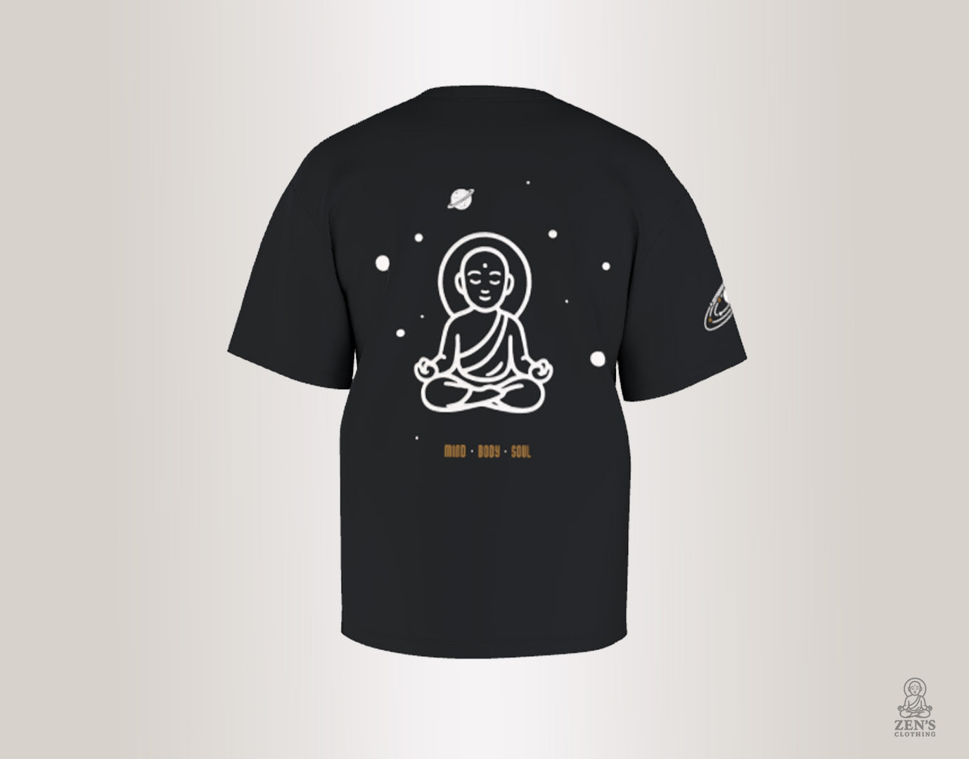 "Black Meditative Buddha graphic T-shirt with 'Mind • Body • Soul' text"