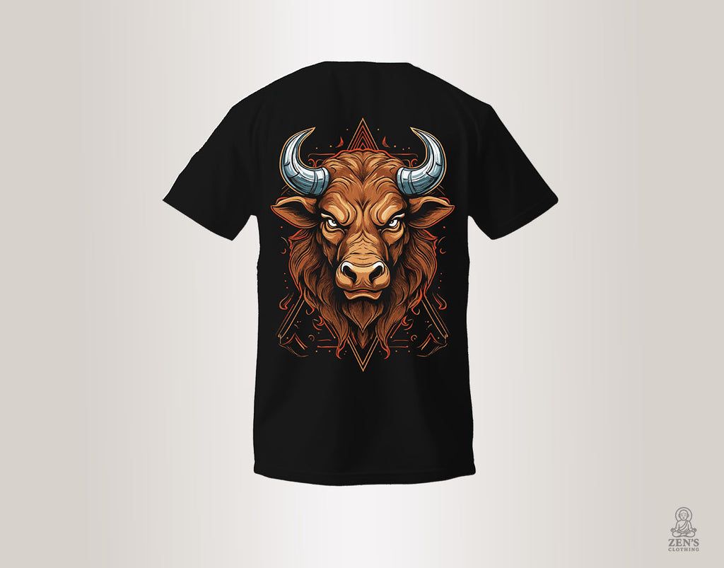"Black Fierce Bull Power graphic T-shirt with tribal geometric triangle tribal print"