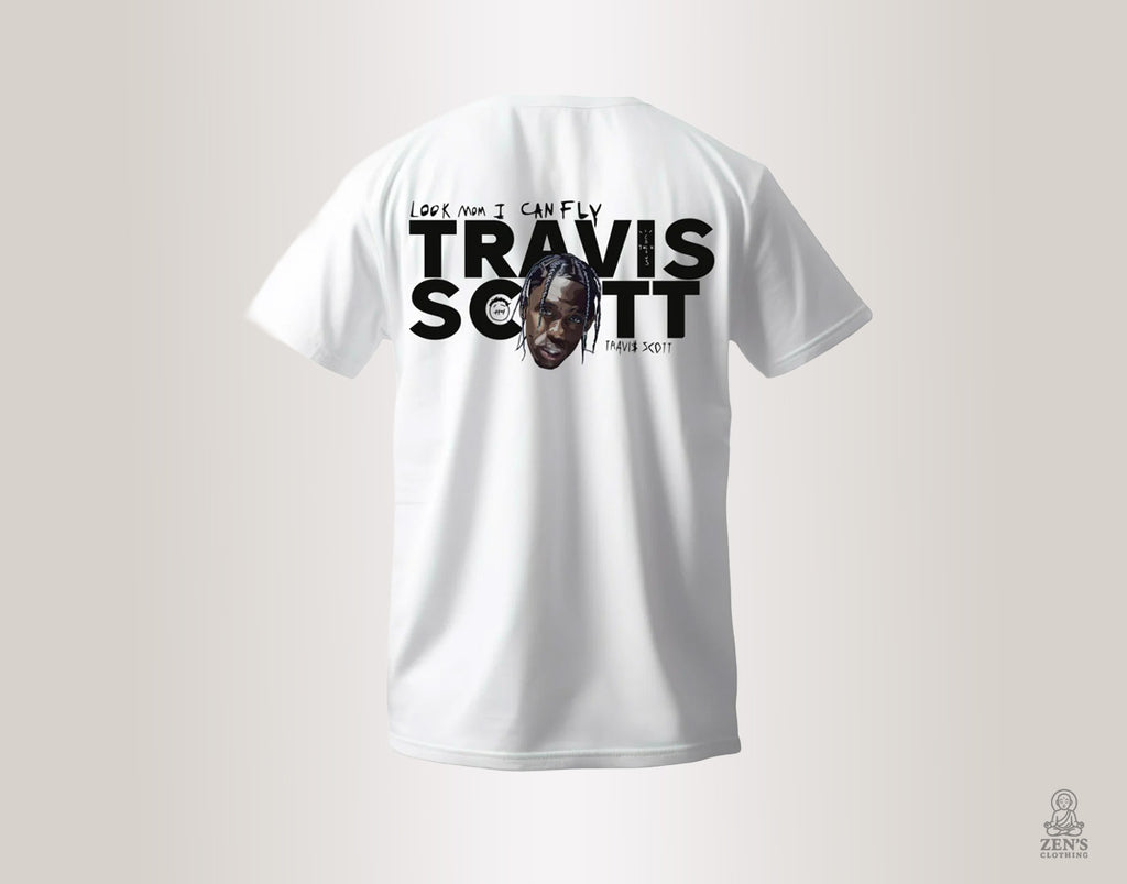 Unisex white T-shirt showcasing bold Travis Scott branding and stylized font graphics