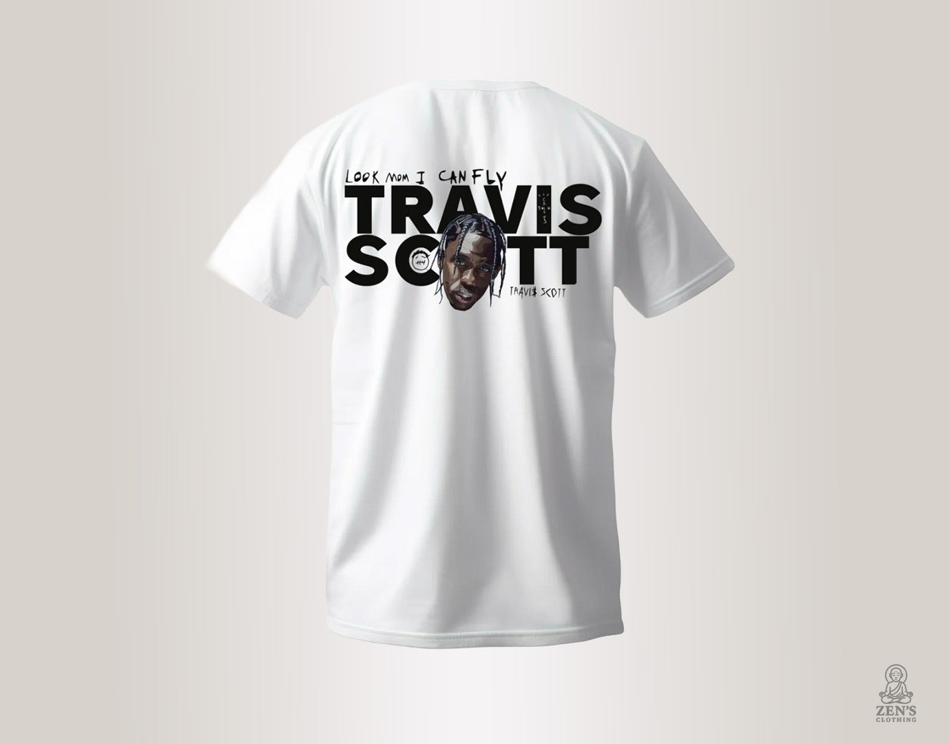 Unisex white T-shirt showcasing bold Travis Scott branding and stylized font graphics