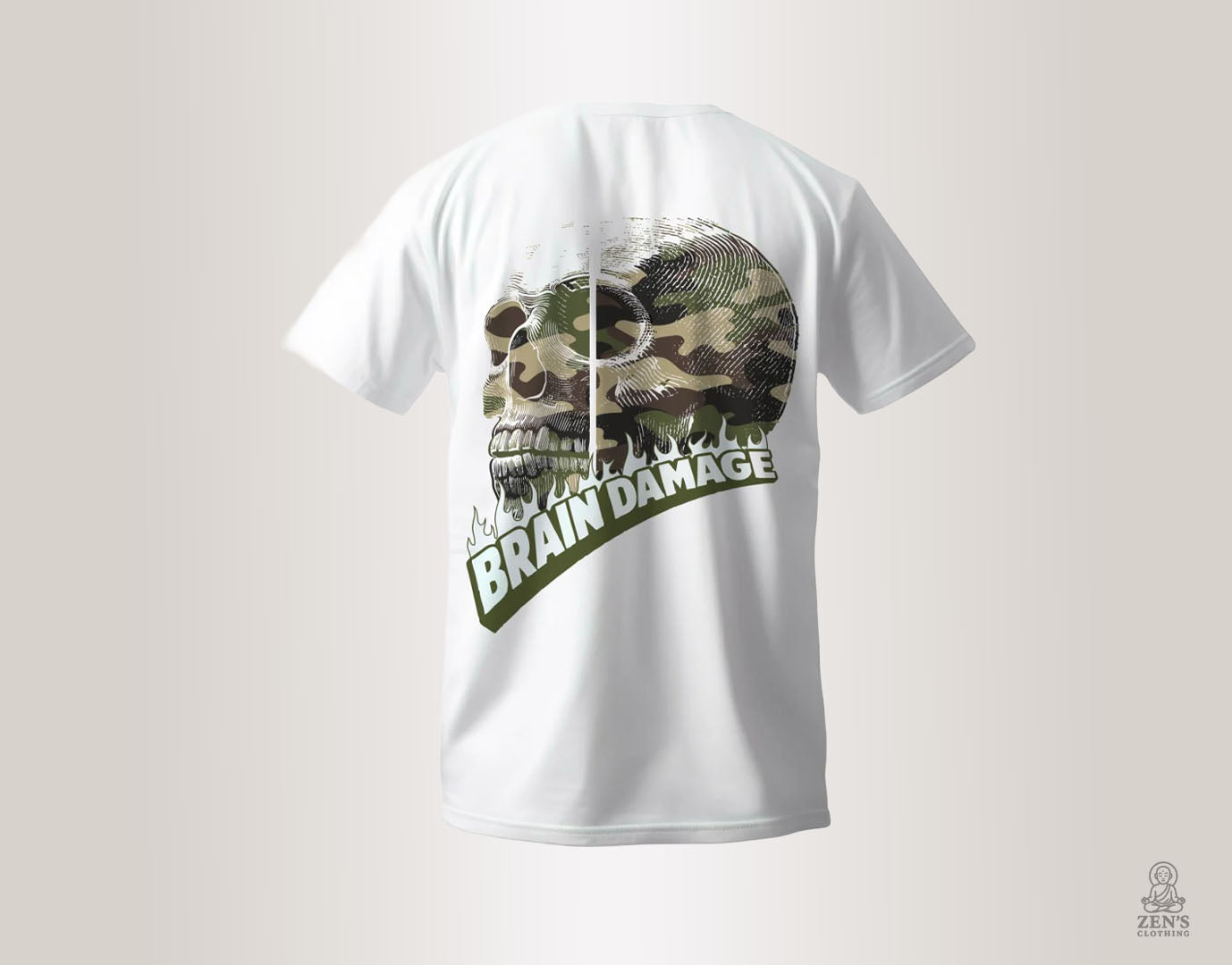 Unisex cotton T-shirt with full back skull print, arched ‘BRAIN DAMAGE’ tagline, and monk icon detail on chest