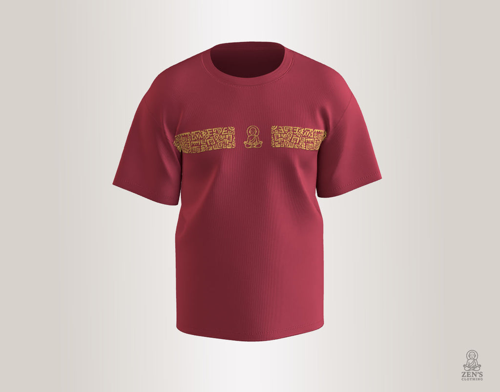 Deep maroon unisex cotton T-shirt with twin skull and spear tribal artwork and minimalist Monk logo on front chest