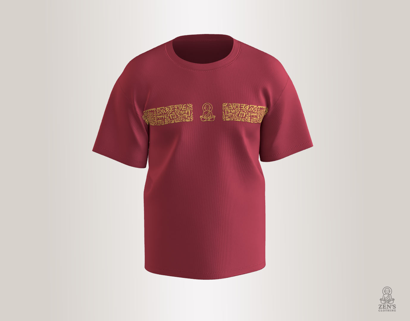 Deep maroon unisex cotton T-shirt with twin skull and spear tribal artwork and minimalist Monk logo on front chest