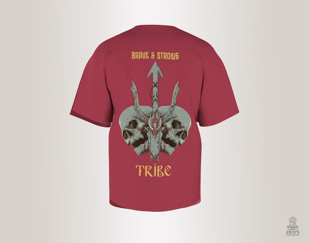 Maroon ‘Brave & Strong Tribe’ graphic tee featuring bold tribal skull and spear design with warrior-style ‘TRIBE’ typography