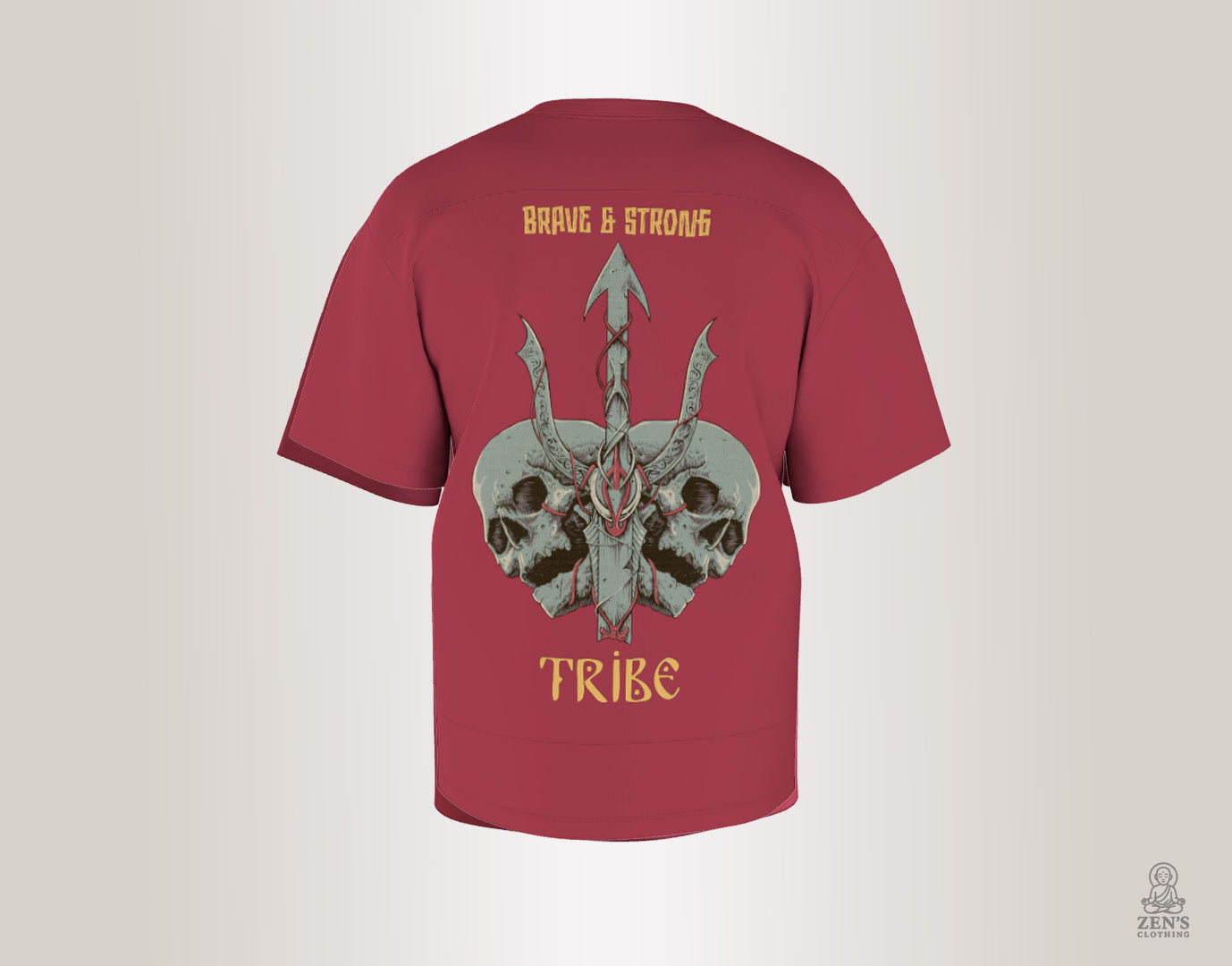 Maroon ‘Brave & Strong Tribe’ graphic tee featuring bold tribal skull and spear design with warrior-style ‘TRIBE’ typography