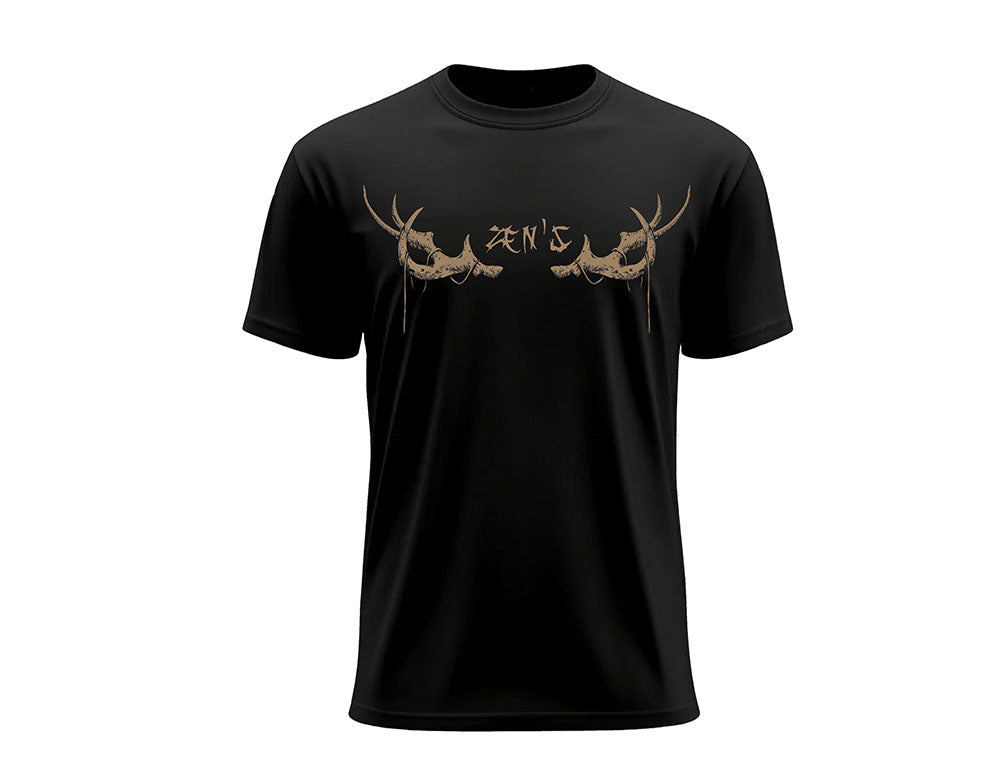 Black t-shirt with deer antler design on a white background