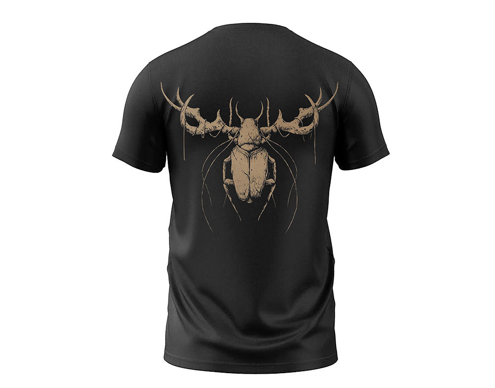 Black t-shirt with a graphic design of Zen’s stag Beetle Tribe T-shirt