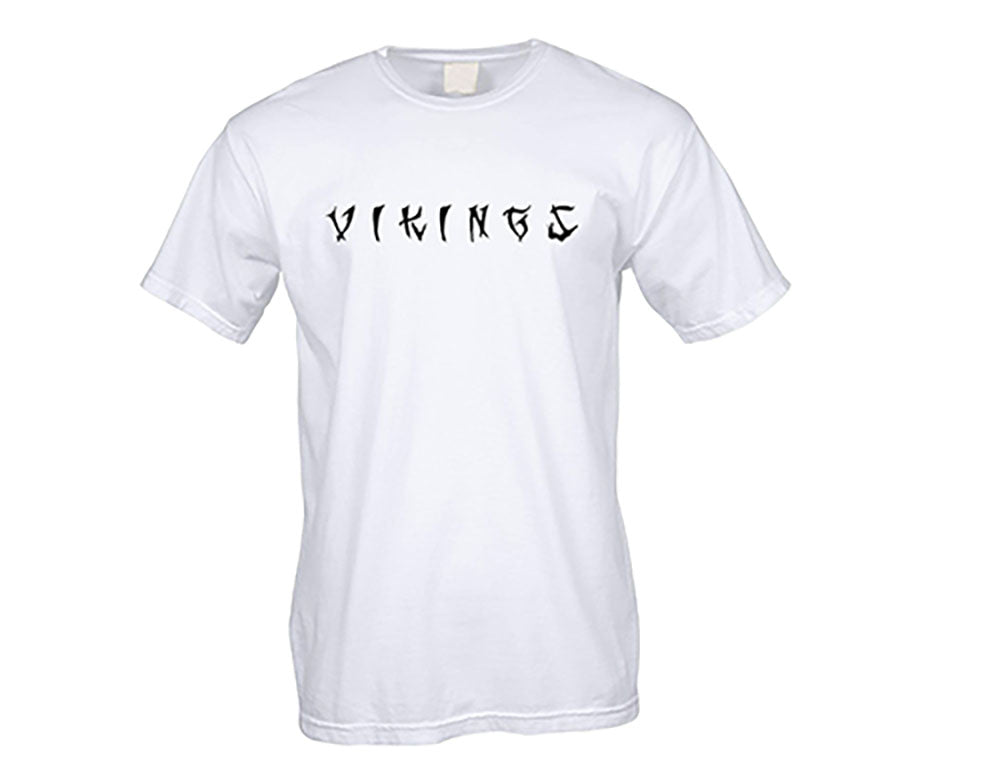 White t-shirt with 'VIKINGS' text on a white background