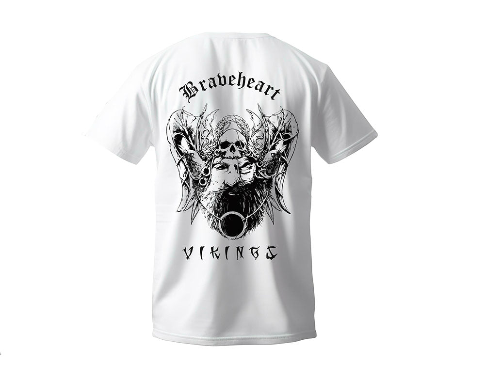 White t-shirt with black graphic design and 'Braveheart Vikings' text on a white background