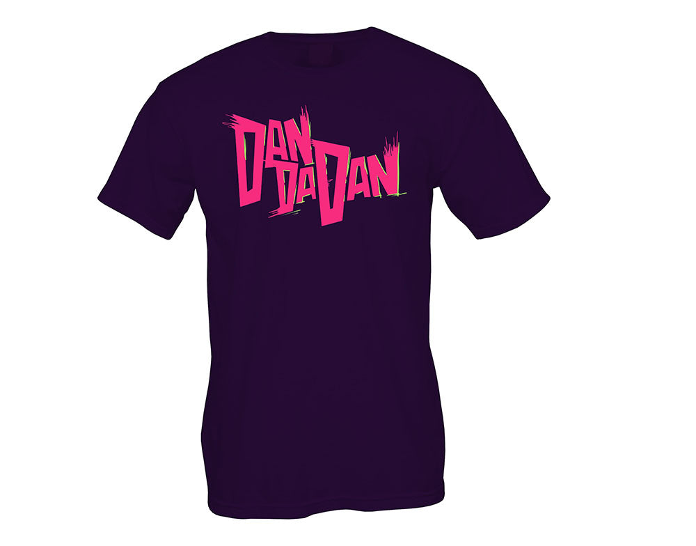 Purple t-shirt with pink 'DAN DAN DAN' text on a white background