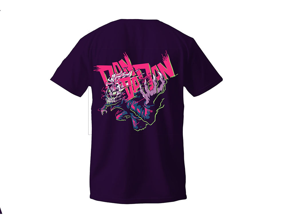 Purple t-shirt with colorful graphic design on a white background
