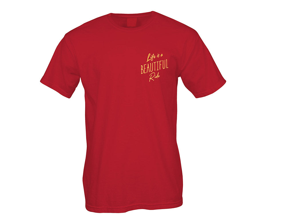 Red t-shirt with yellow text on a white background