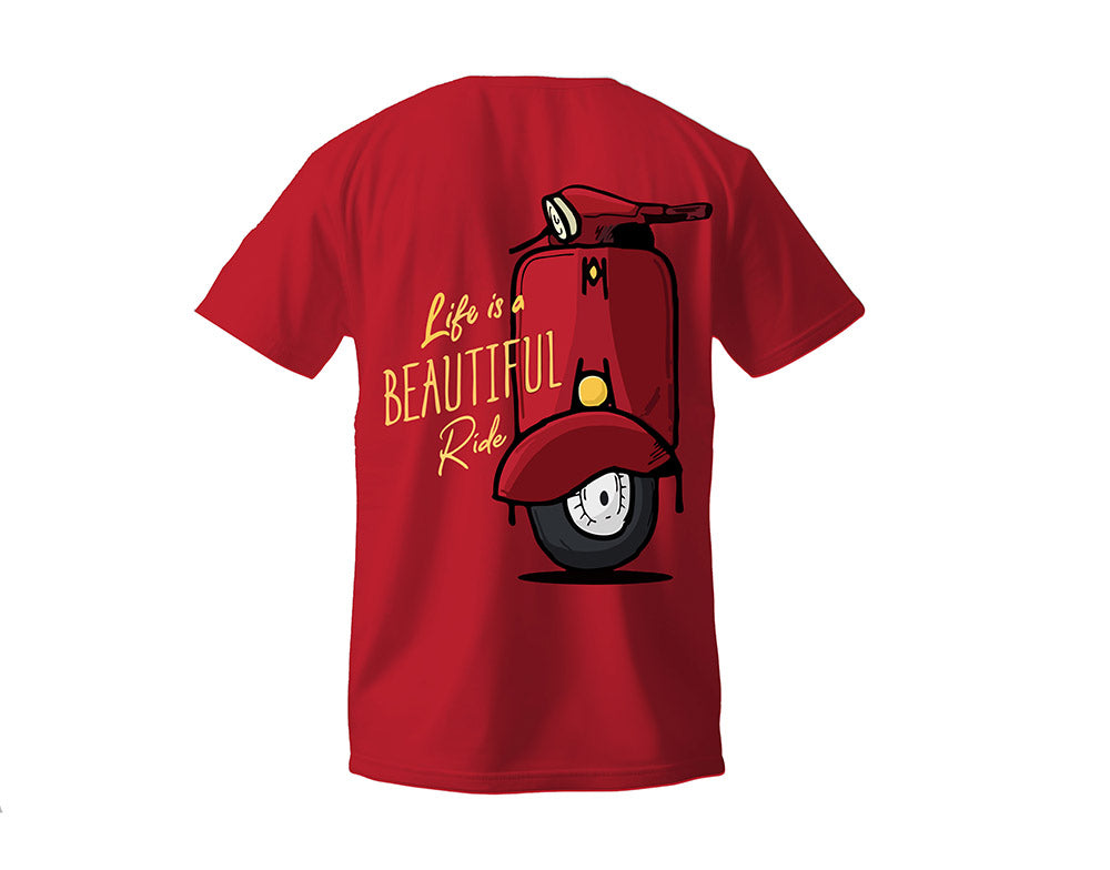 Red t-shirt with a graphic of a scooter and text 'Life is a Beautiful Ride' on a white background