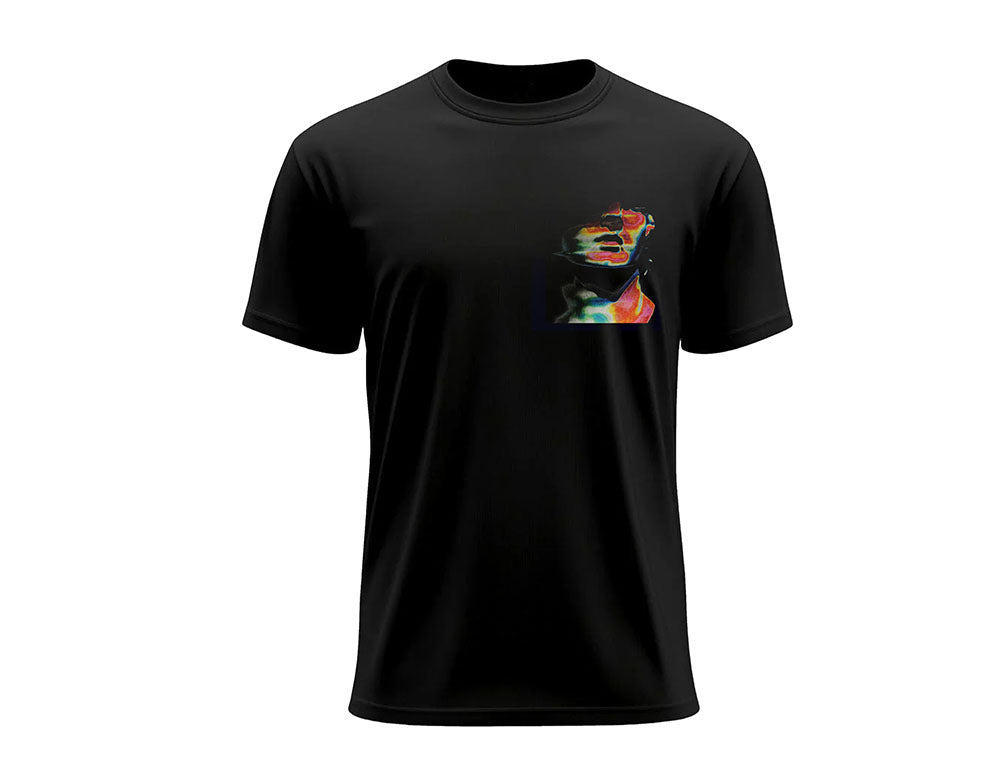 Black t-shirt with a colorful graphic on a white background