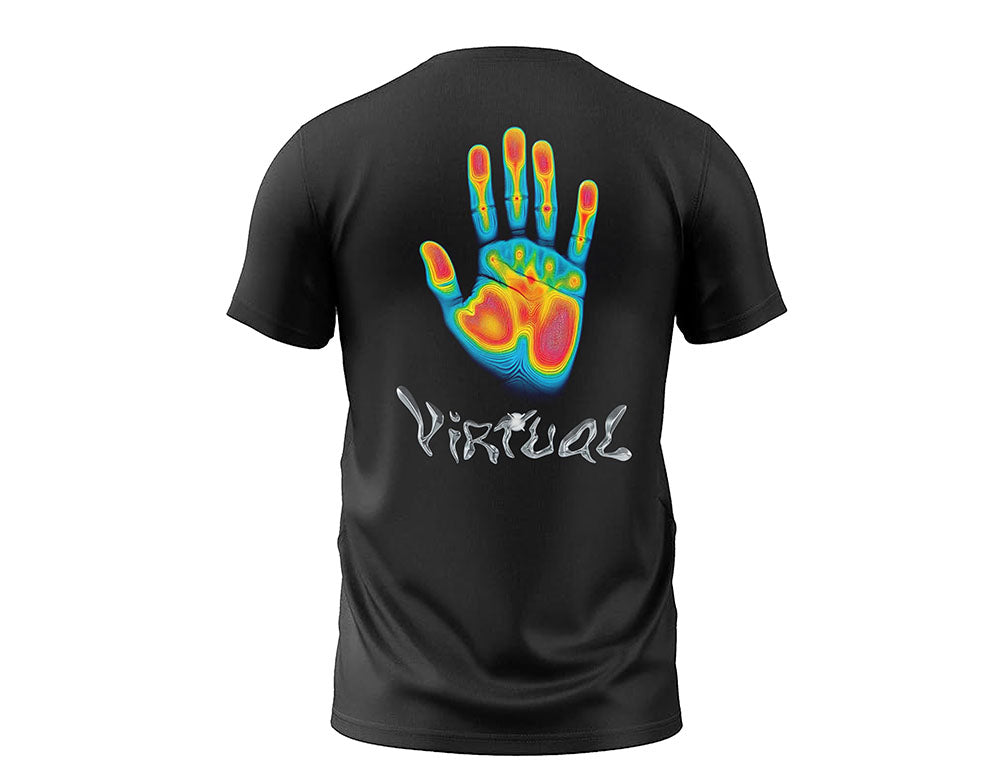 Black t-shirt with colorful handprint design and 'Virtual' text on a white background