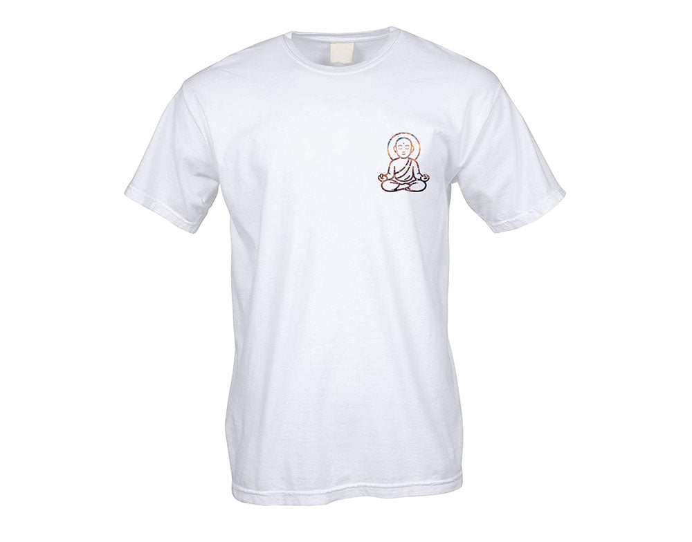 White t-shirt with a small graphic on the chest against a white background