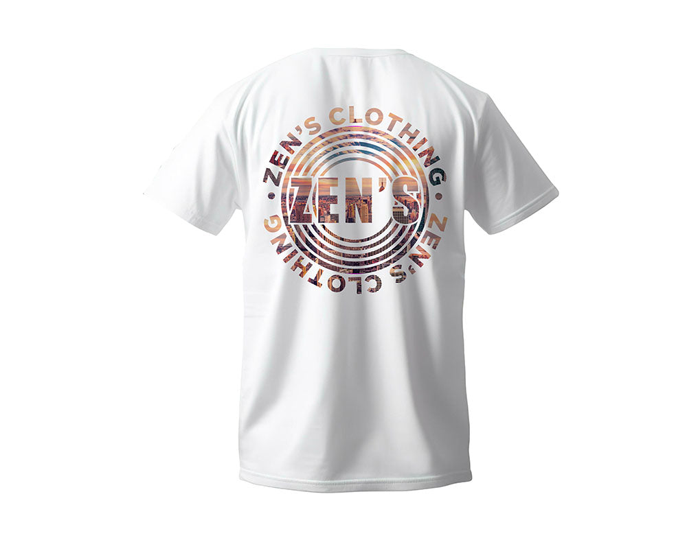 White t-shirt with 'Zen's Clothing' logo on a white background