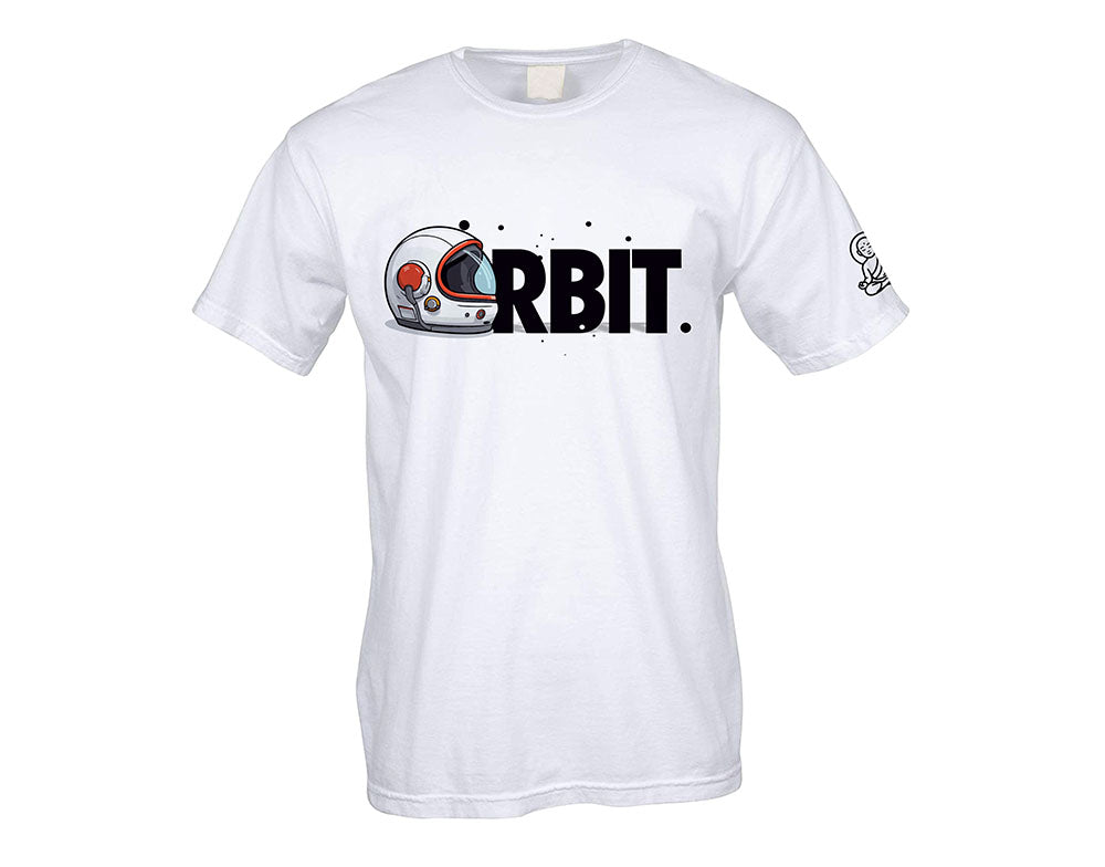 White t-shirt with 'ORBIT' logo on a white background